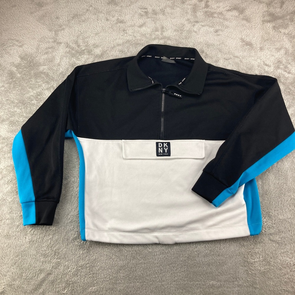 DKNY Sport Womens Colorblock Quarter Zip Pullover Black White Blue Size S